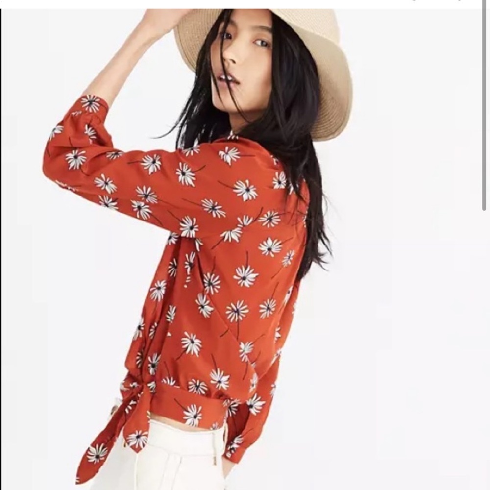 Madewell Burnt Orange Silk Wrap Top Daisy Print
